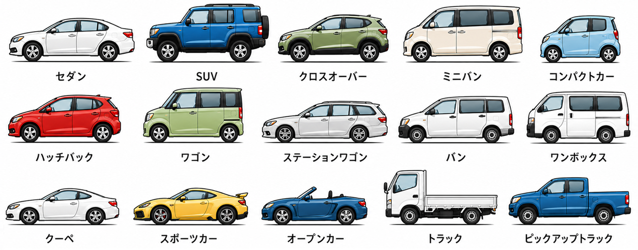 セダン、SUV、ミニバン、ハッチバック、バン、ワンボックス、クーペ、ステーションワゴン、トラックを並べた車種の比較図