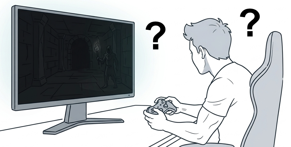 暗い画面のゲームをプレイしていて、画面内の様子が見えにくくなっている例